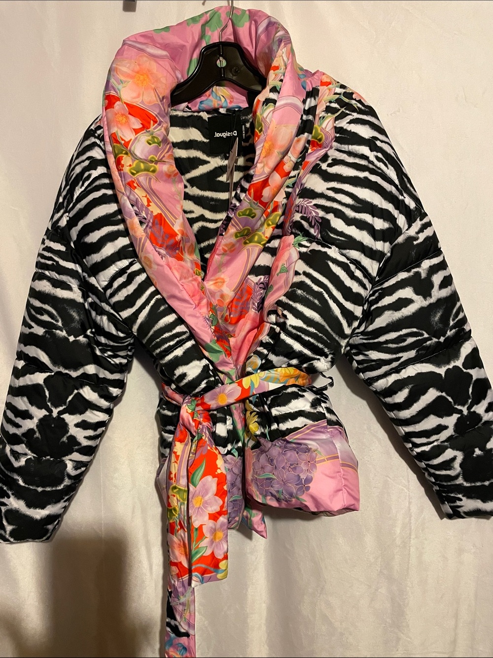 Desigual Black & White Zebra Puffer Jacket with Pink Floral Trim